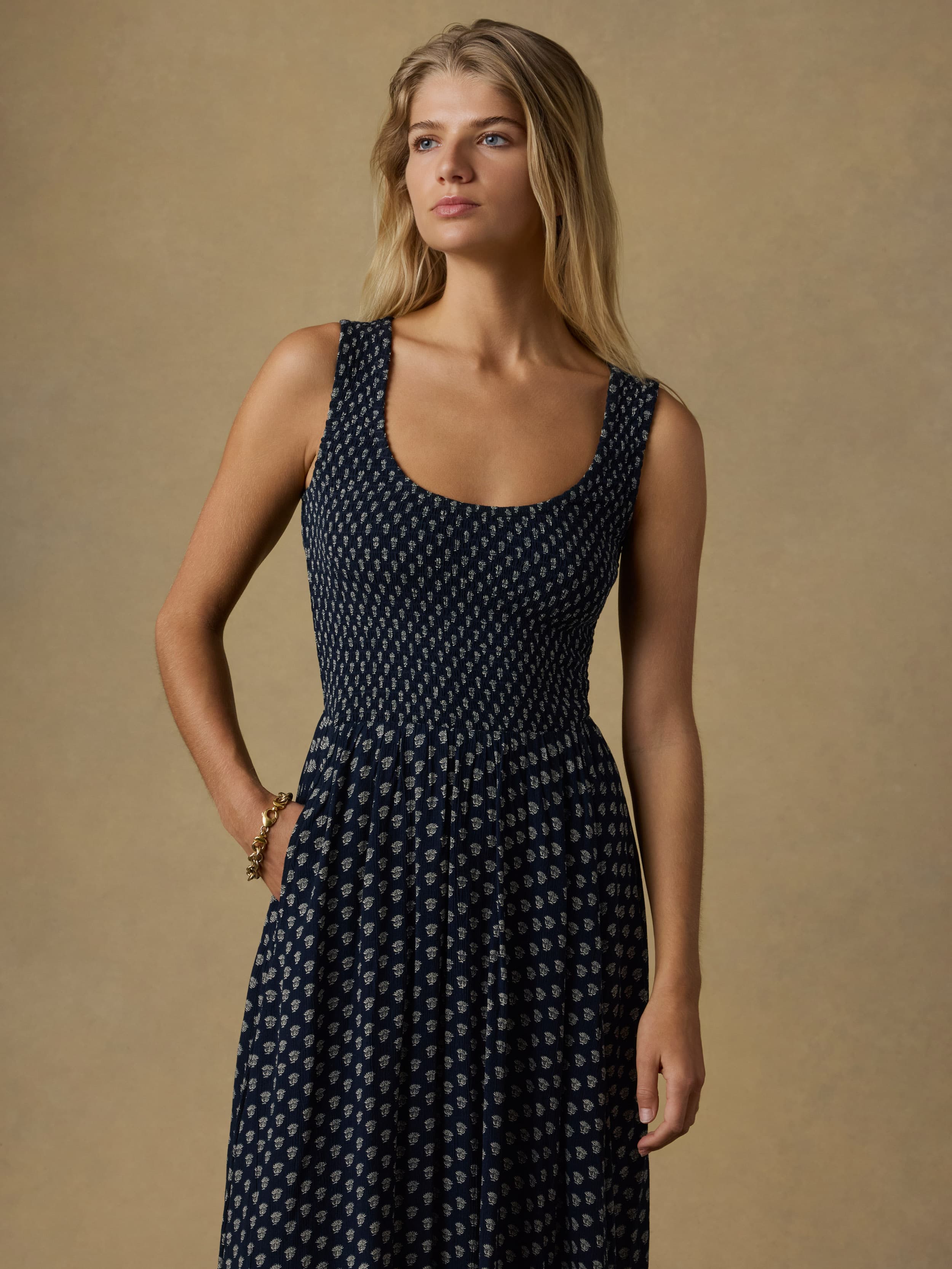 Sophia Smocked Dress - Navy Lotus Floral | Faherty Brand