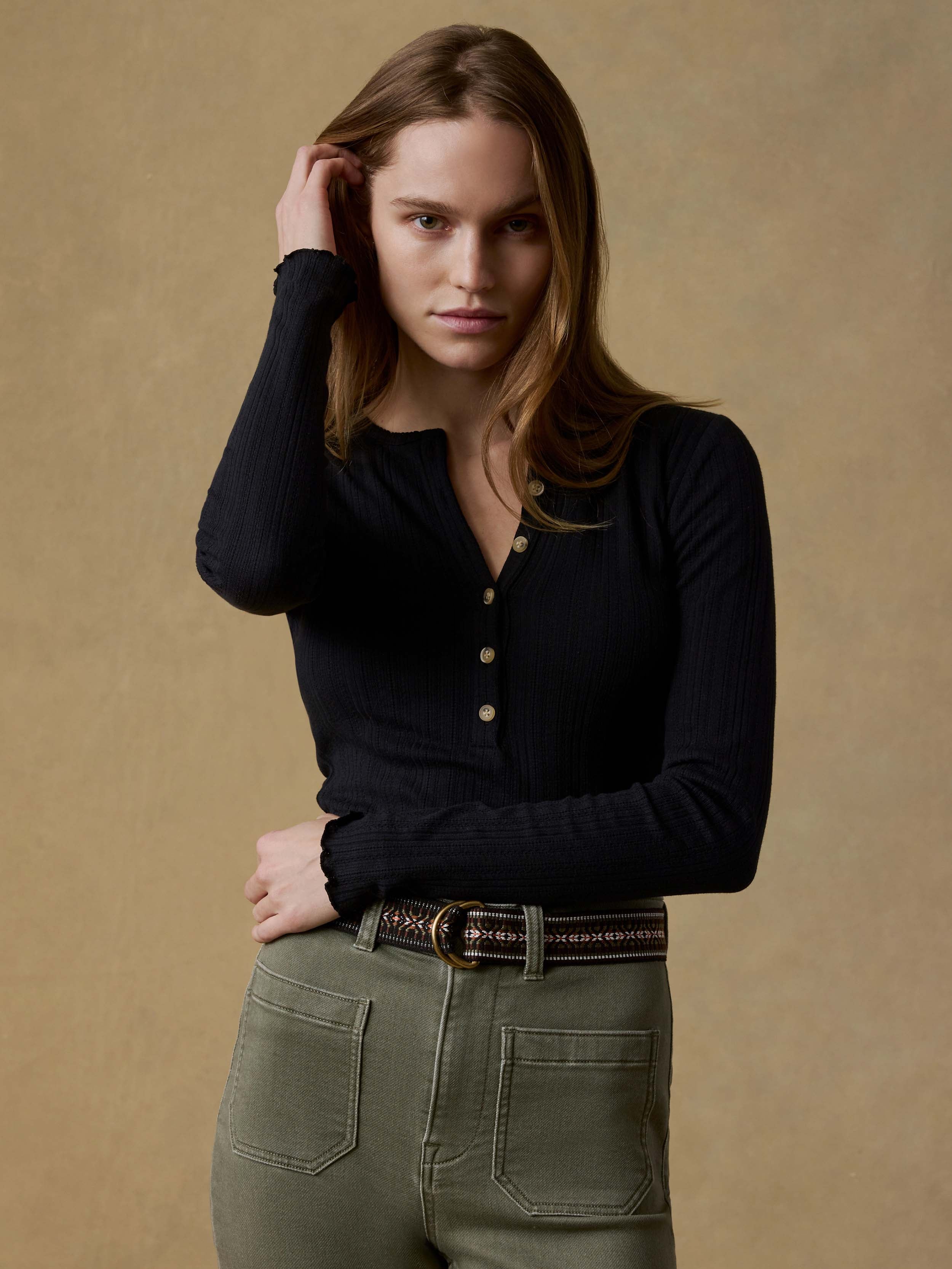 Paradise Pointelle Henley - Black | Faherty Brand