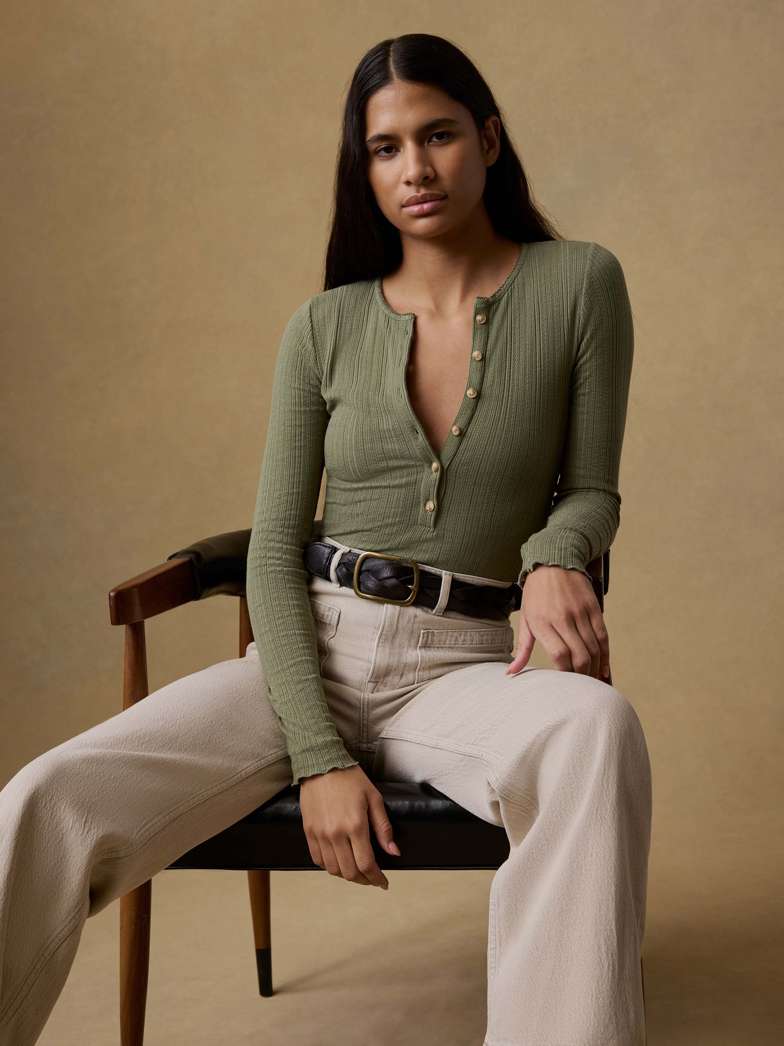Paradise Pointelle Henley - Island Olive | Faherty Brand