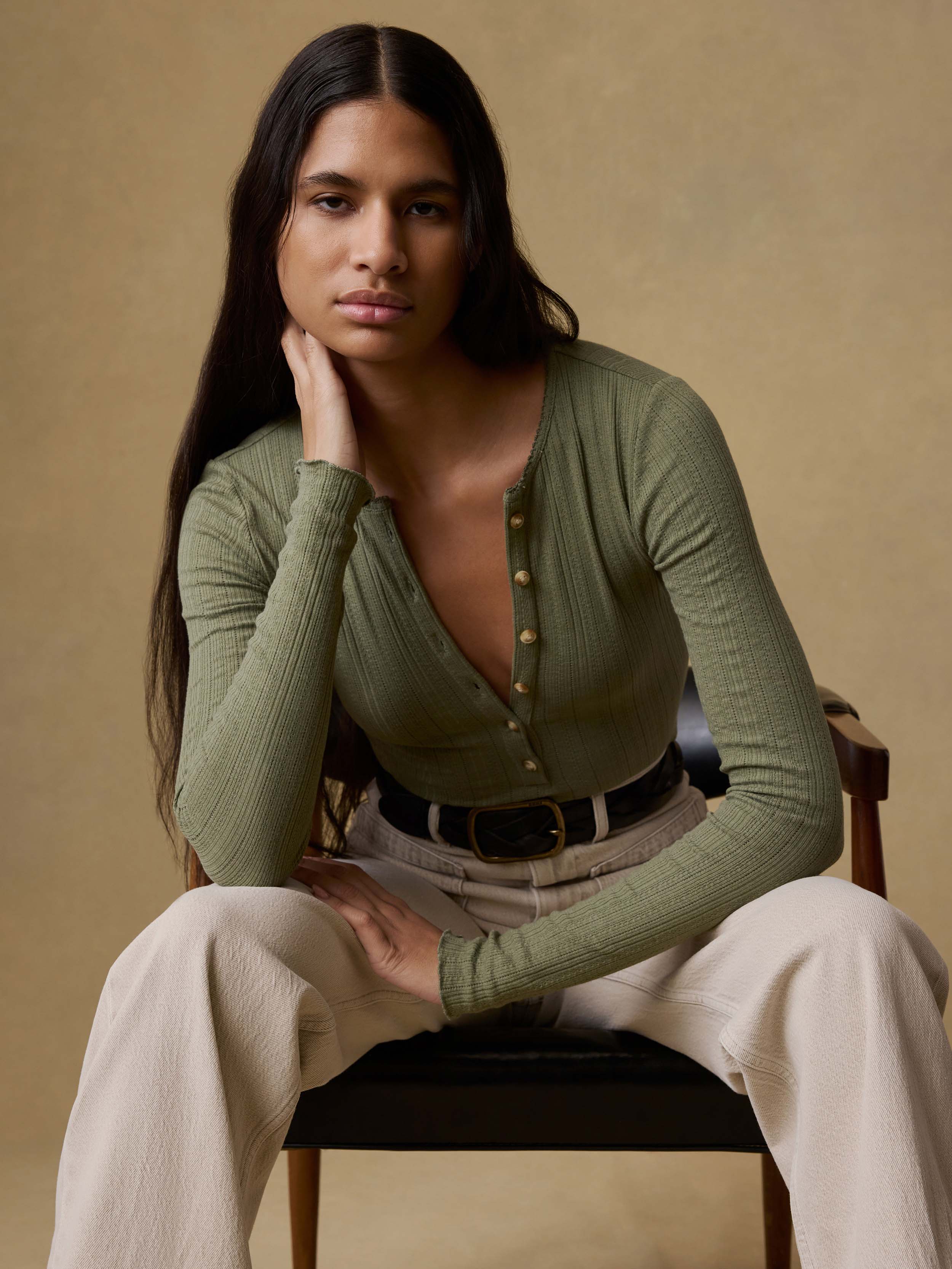 Paradise Pointelle Henley - Island Olive | Faherty Brand