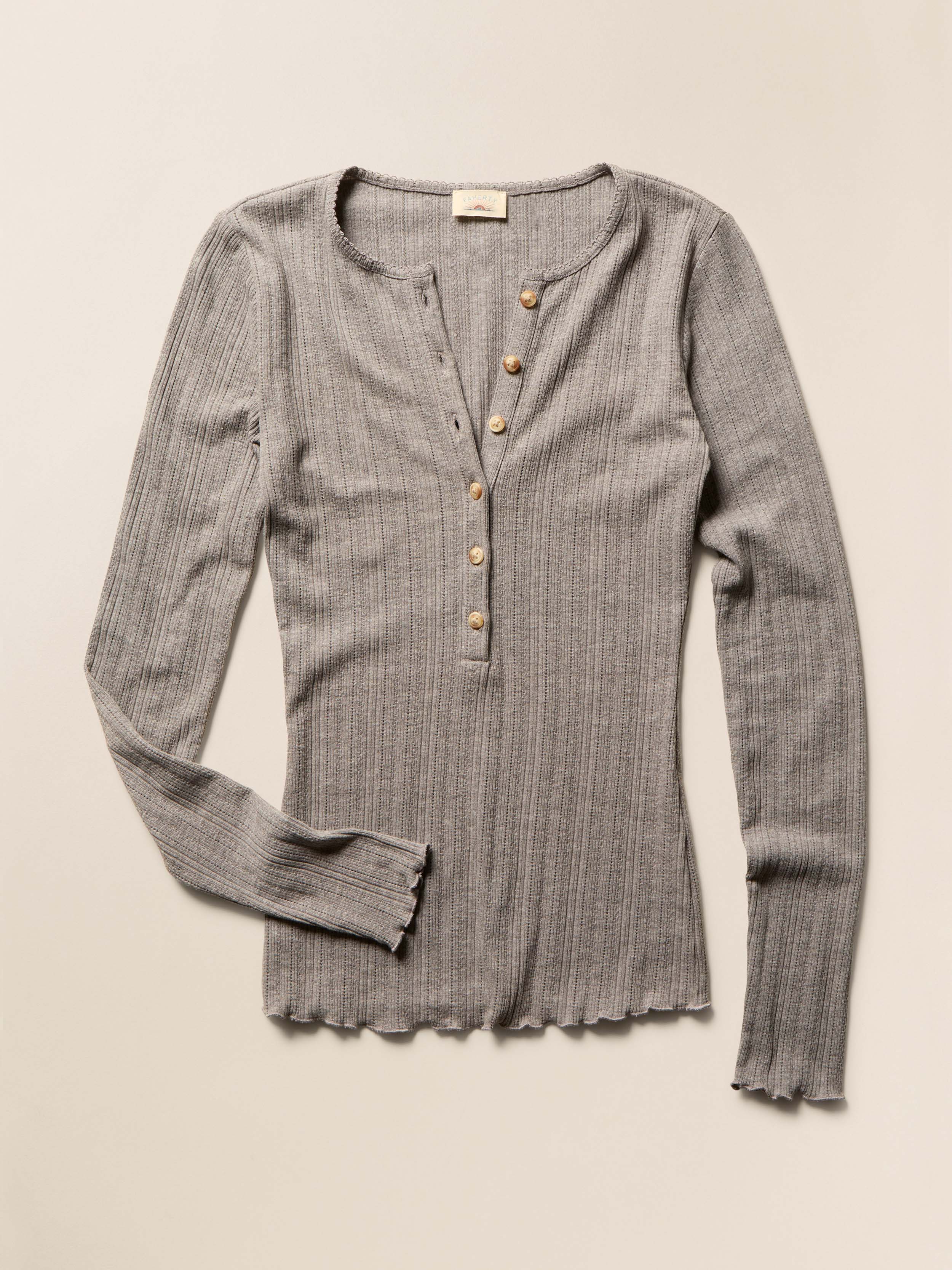 Paradise Pointelle Henley - Medium Grey Heather | Faherty Brand