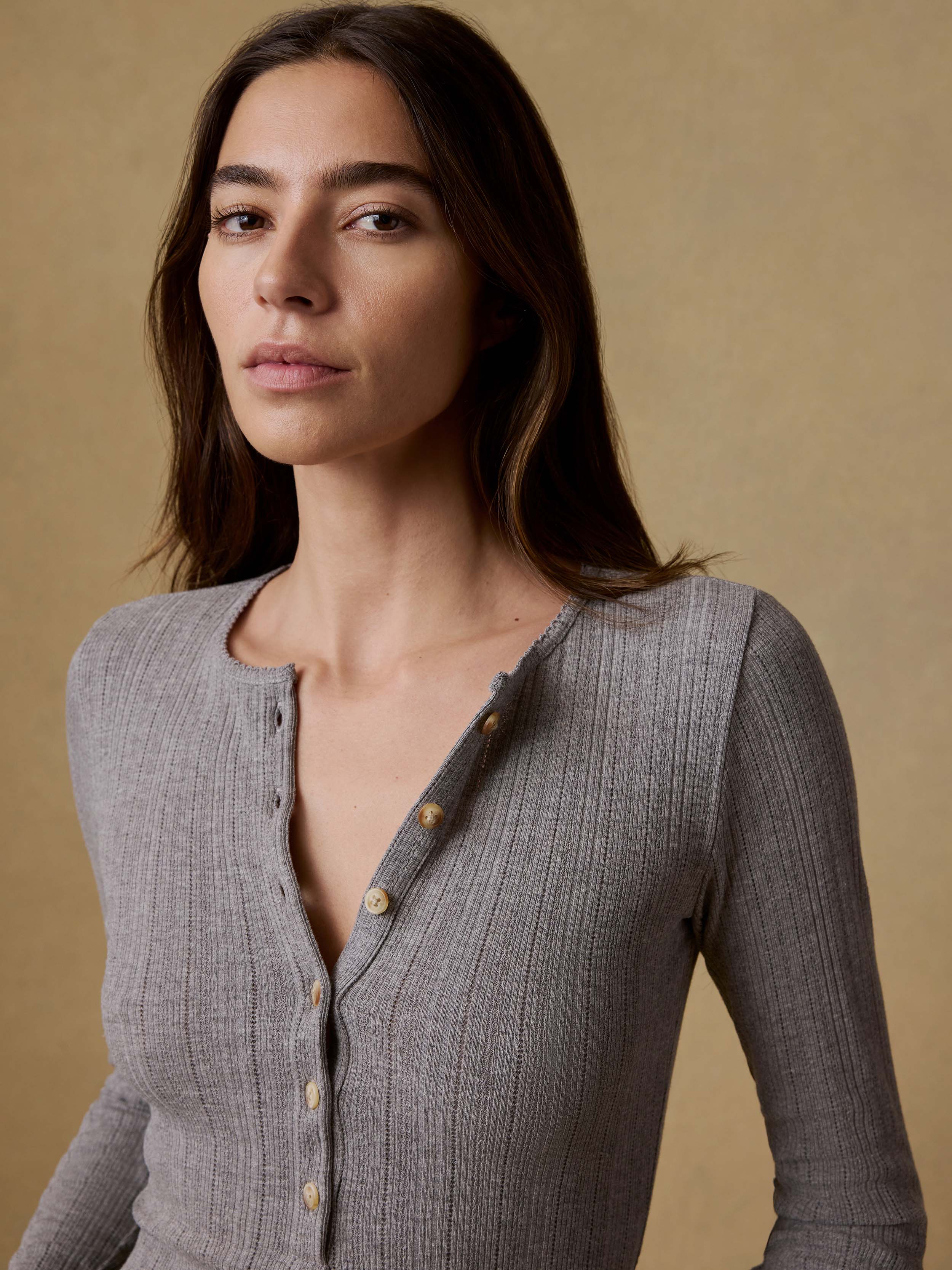 Paradise Pointelle Henley - Medium Grey Heather | Faherty Brand