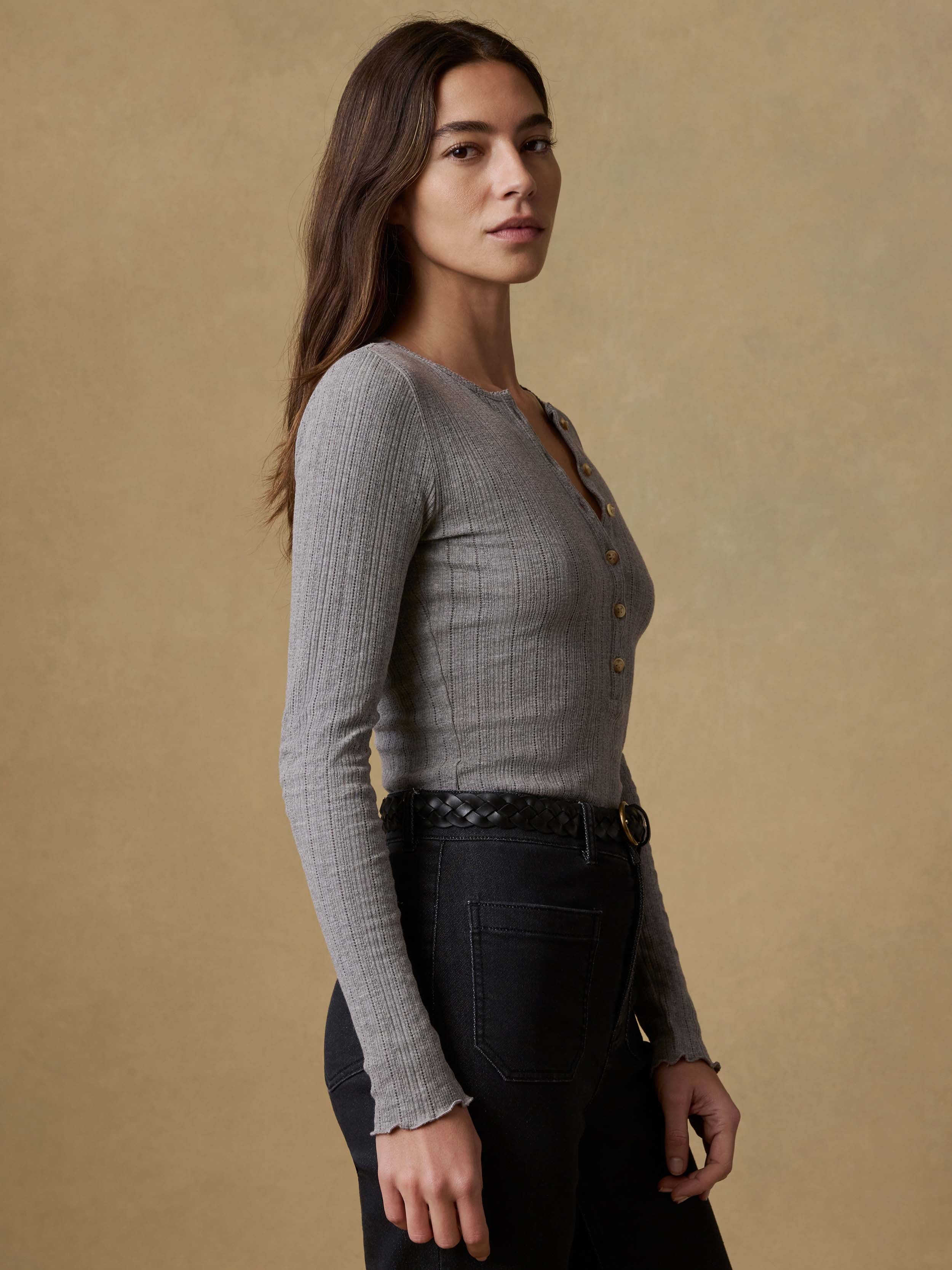 Paradise Pointelle Henley - Medium Grey Heather | Faherty Brand