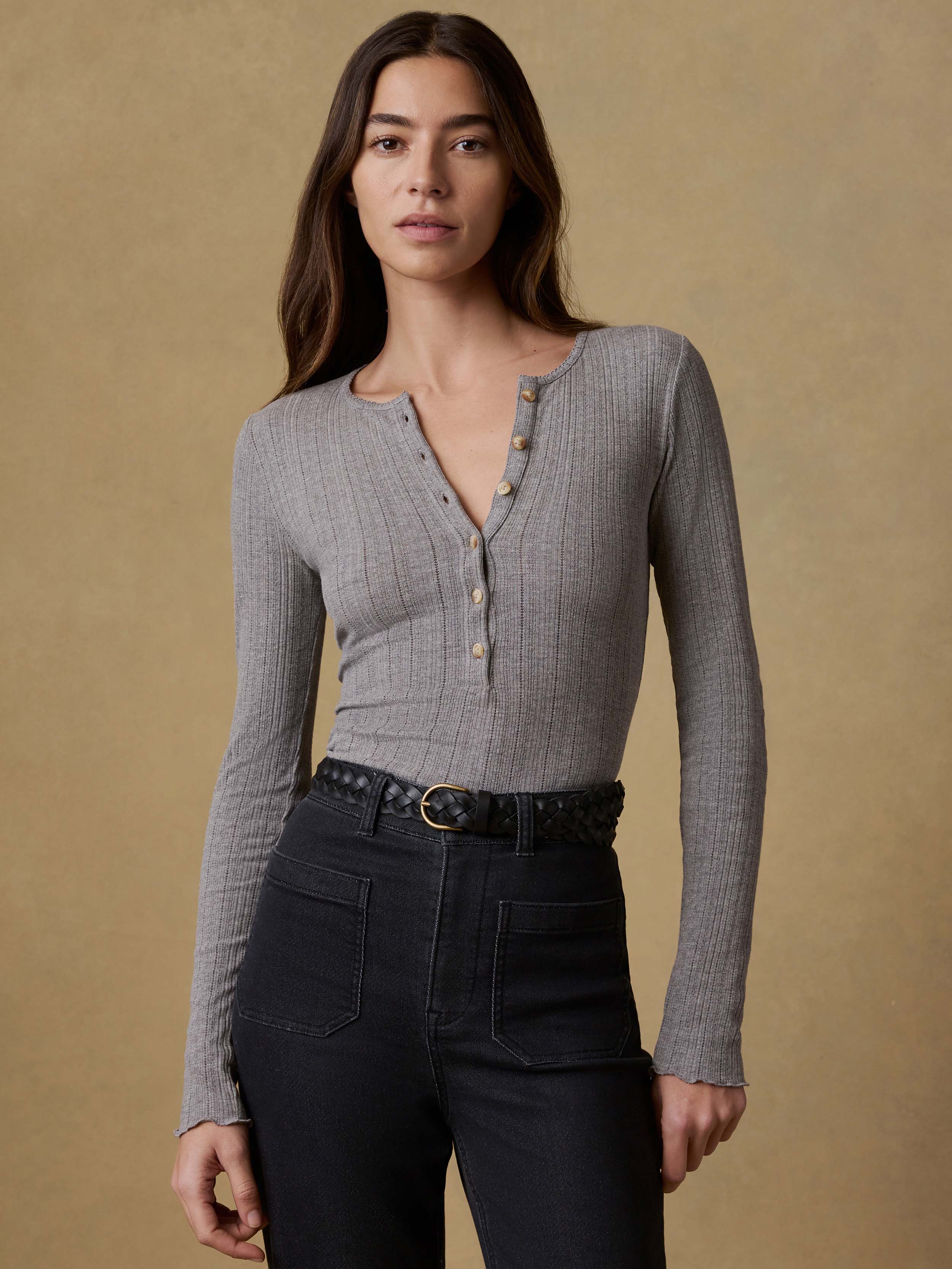 Paradise Pointelle Henley - Medium Grey Heather | Faherty Brand