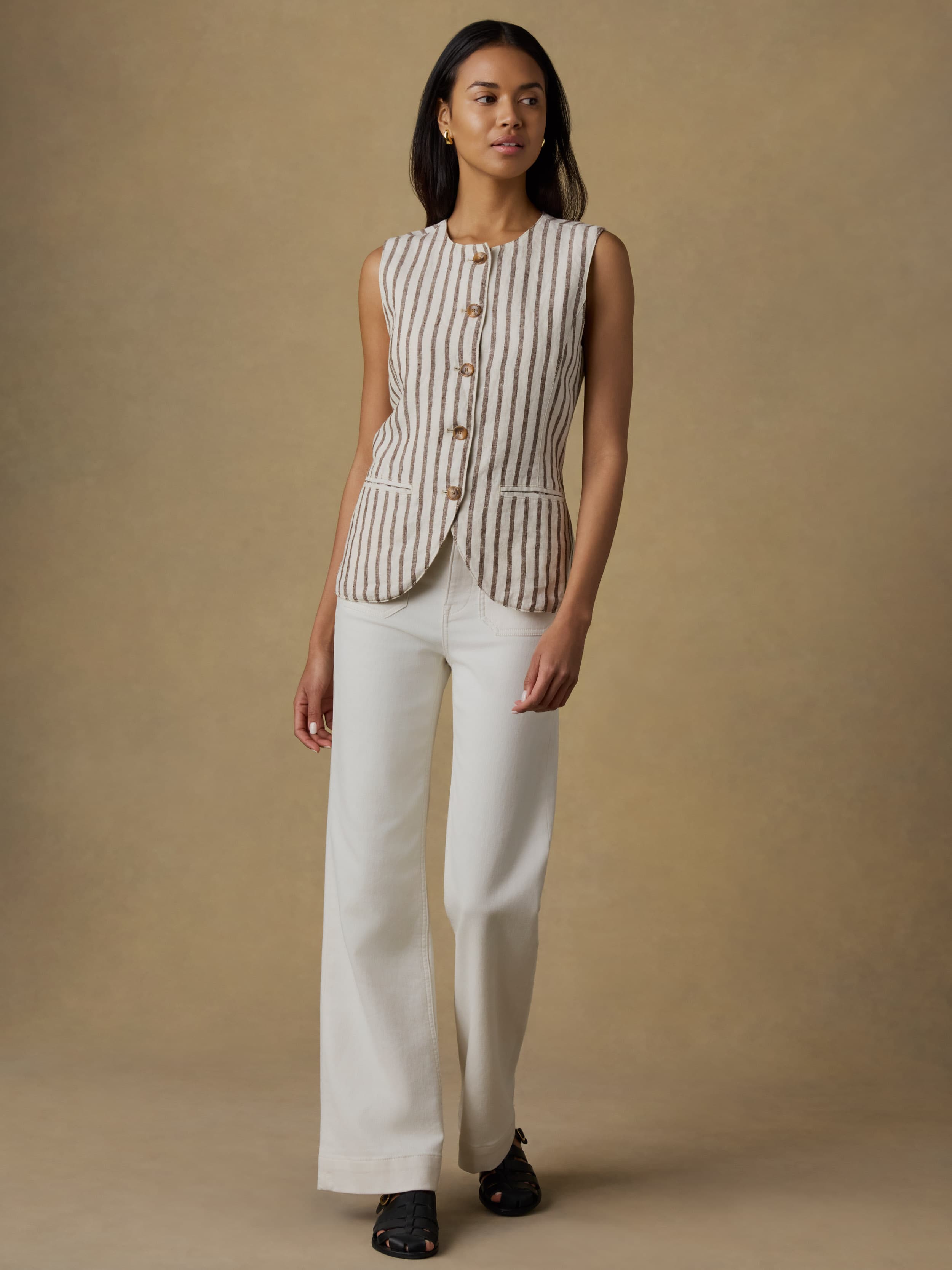 Sun Strider Linen Vest - Cocoa Grove Stripe | Faherty Brand