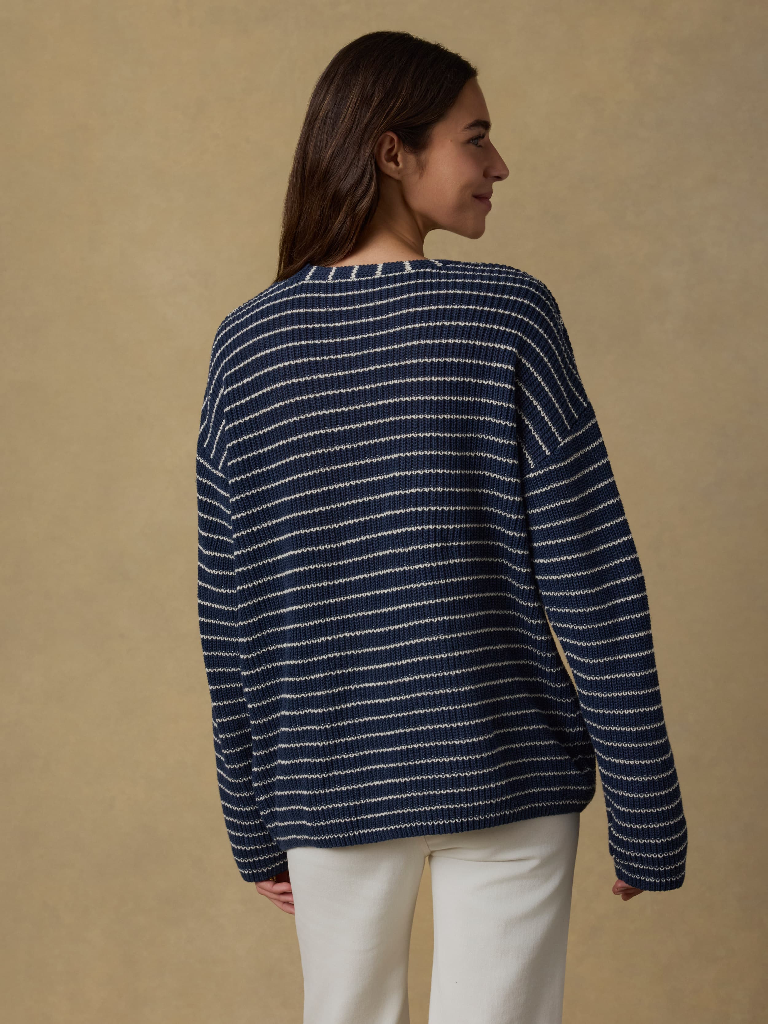Miramar Linen Deep V Sweater - Navy Stripe | Faherty Brand