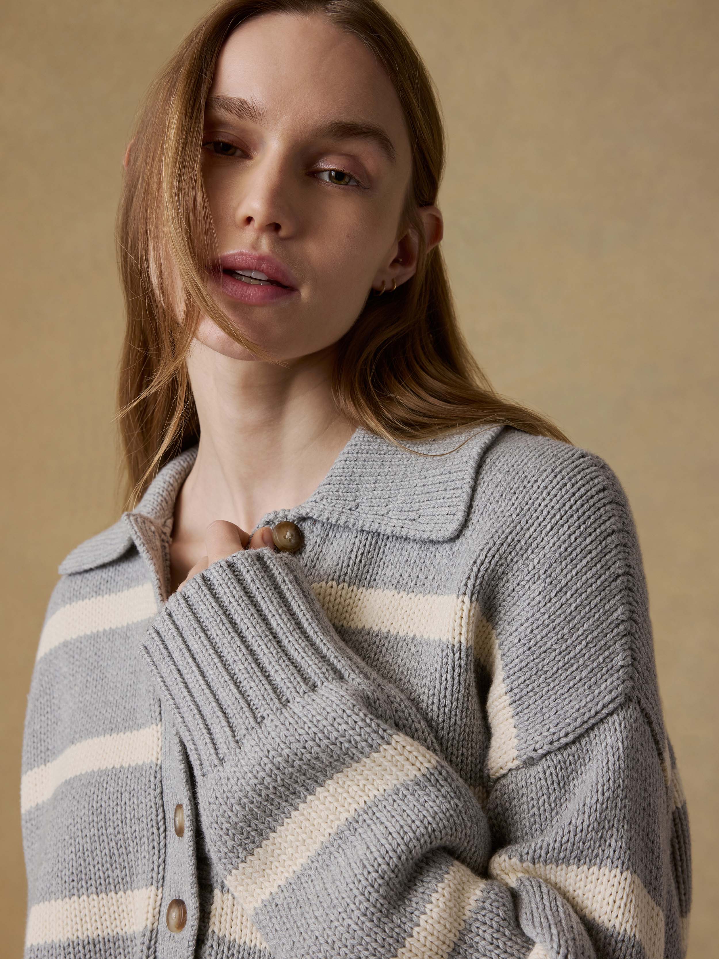 Sunwashed Cotton Polo Sweater - Grey Heather Stripe | Faherty Brand