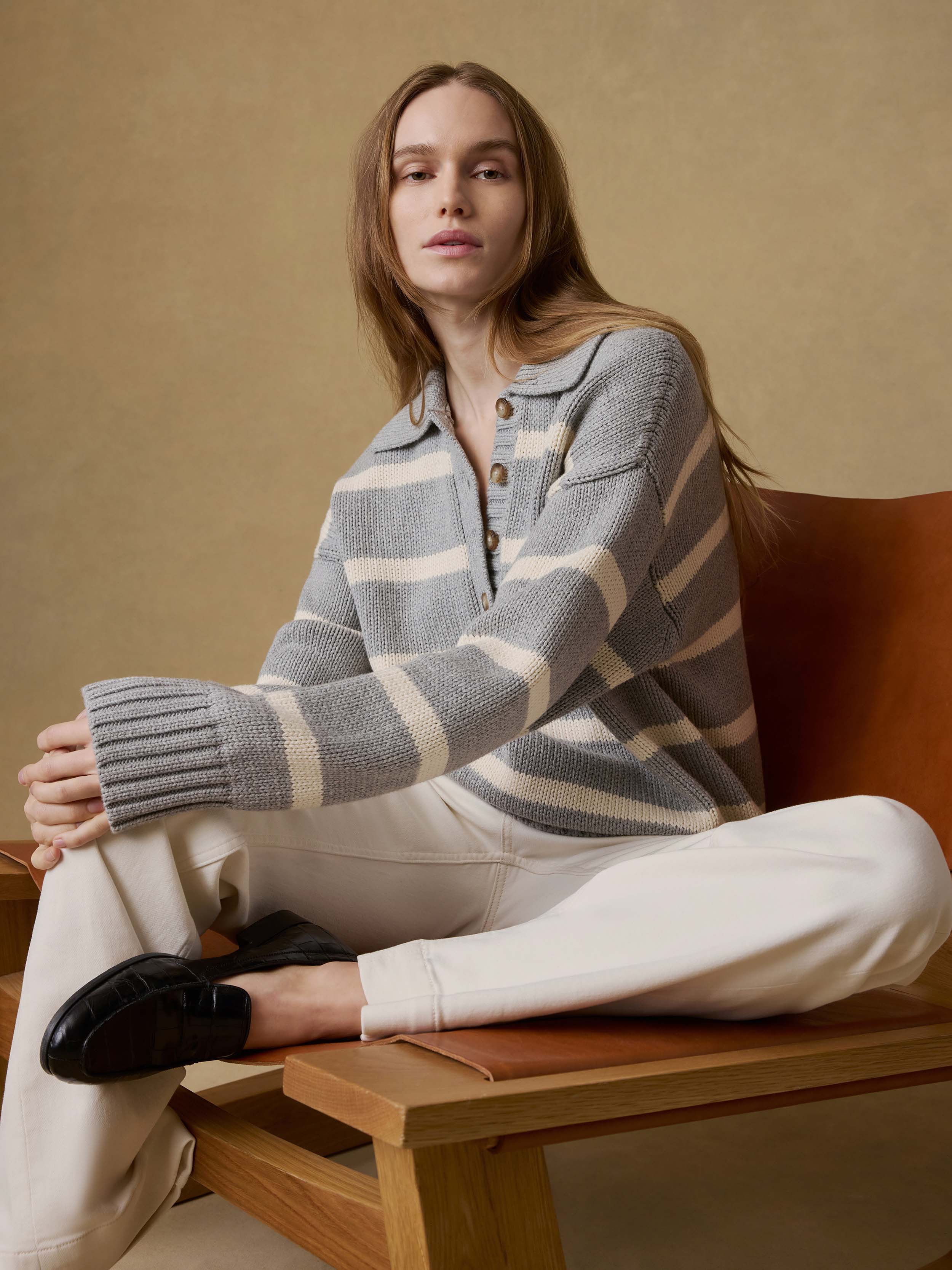Sunwashed Cotton Polo Sweater - Grey Heather Stripe | Faherty Brand