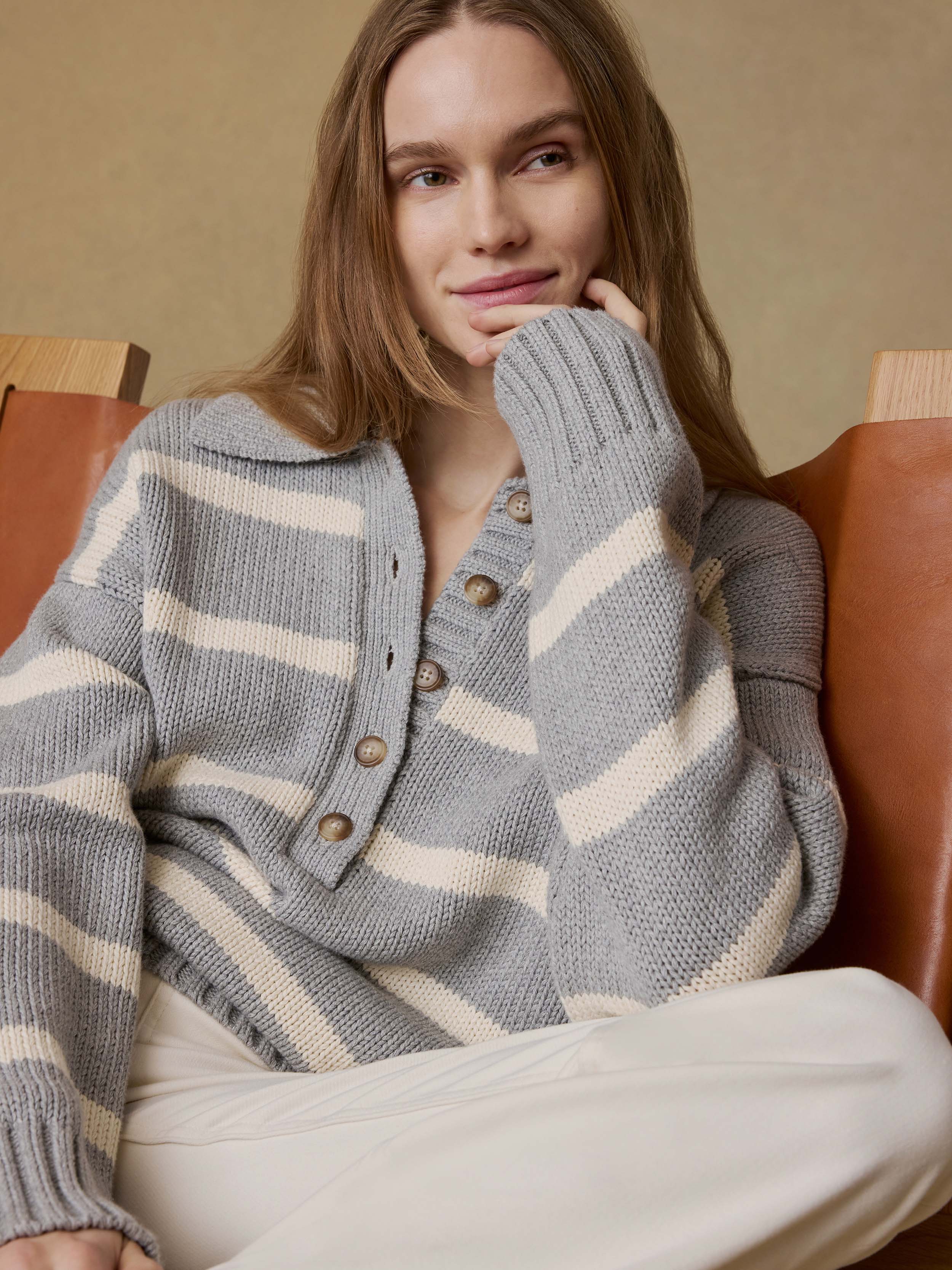 Sunwashed Cotton Polo Sweater - Grey Heather Stripe | Faherty Brand