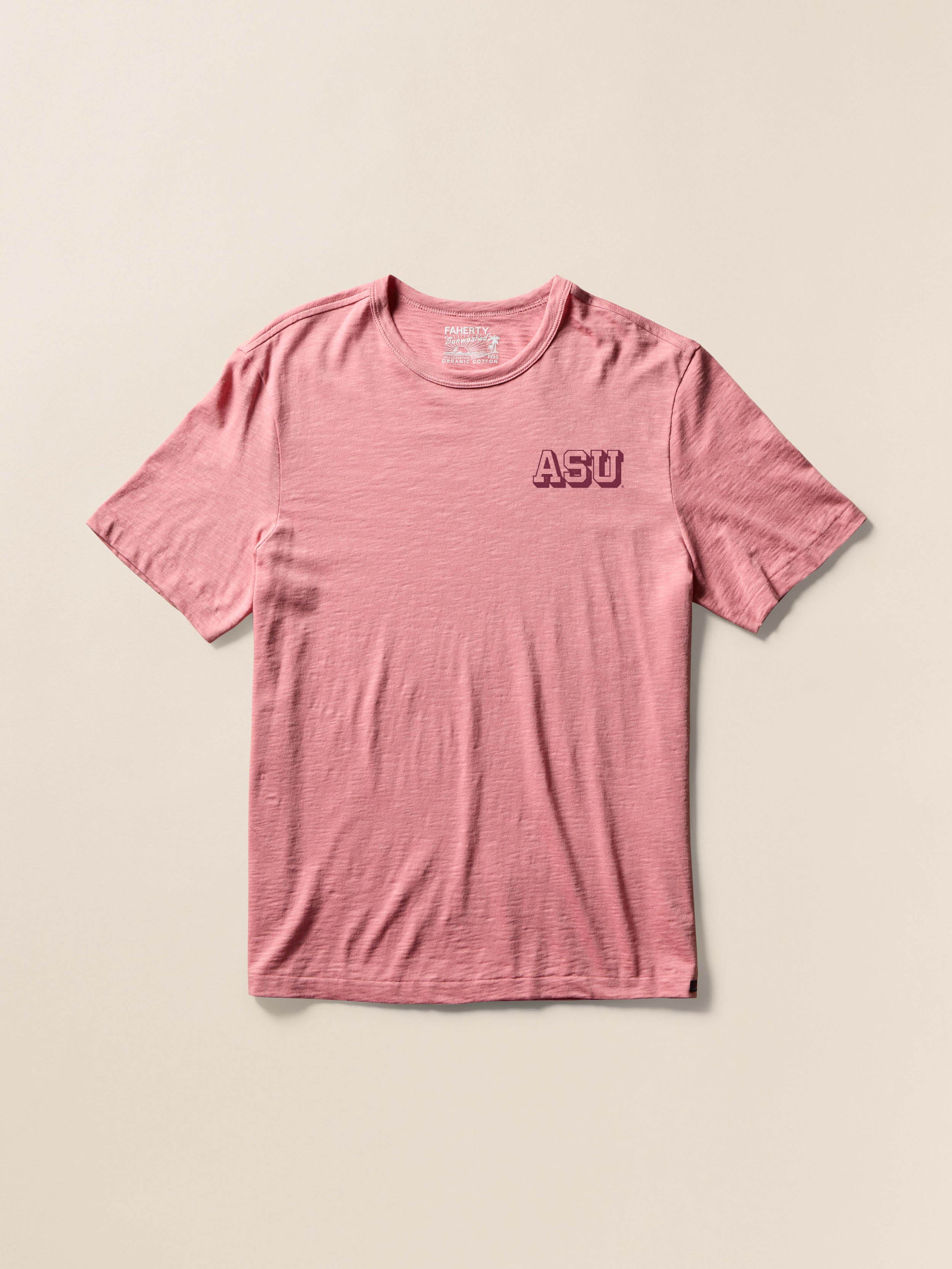 Red short sleeve shirt with Arizona State University graphic on the left chest against a beige background