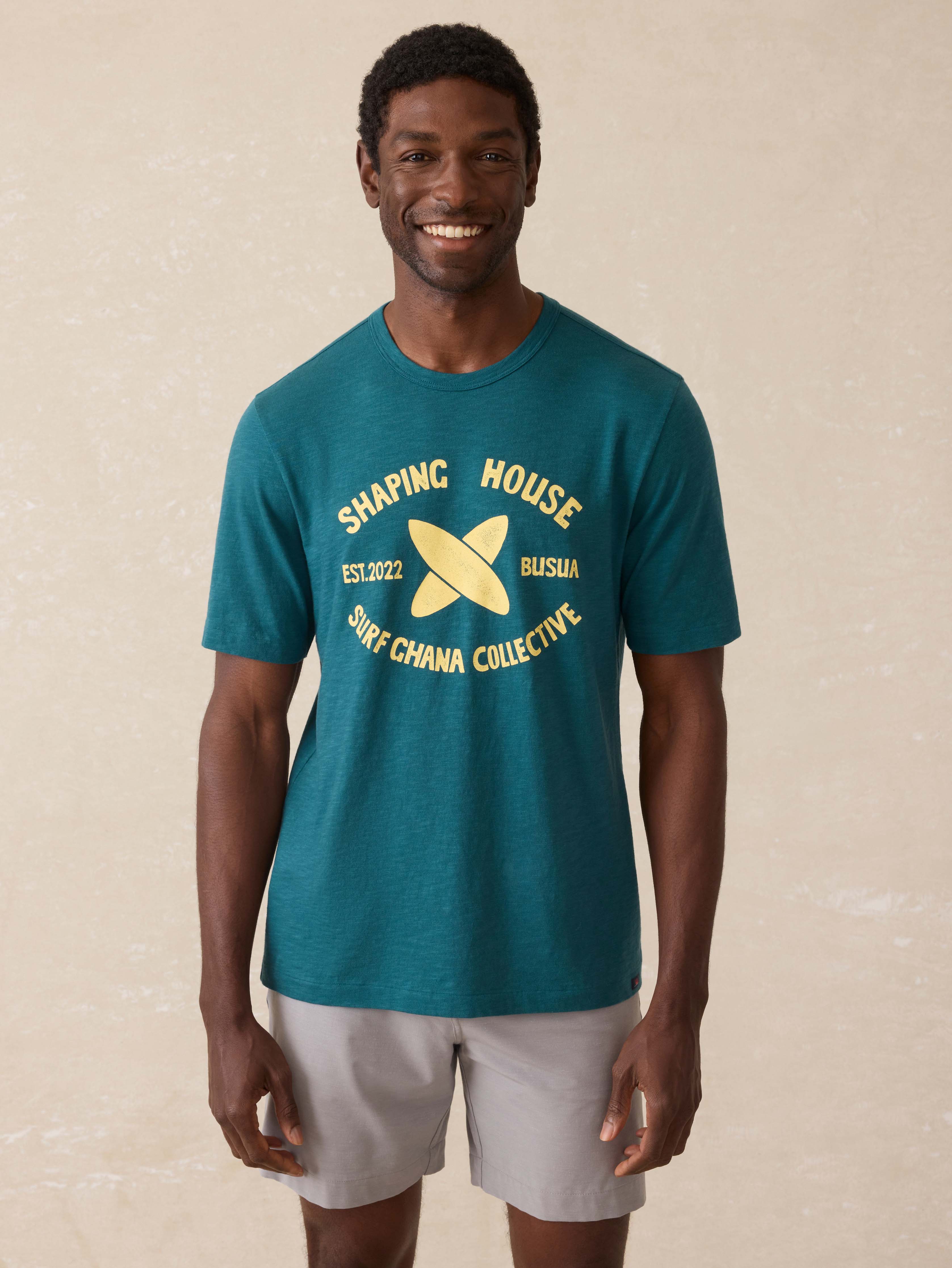 Ghana Short-Sleeve Shaping House Graphic Tee - Agonda Green | Faherty Brand