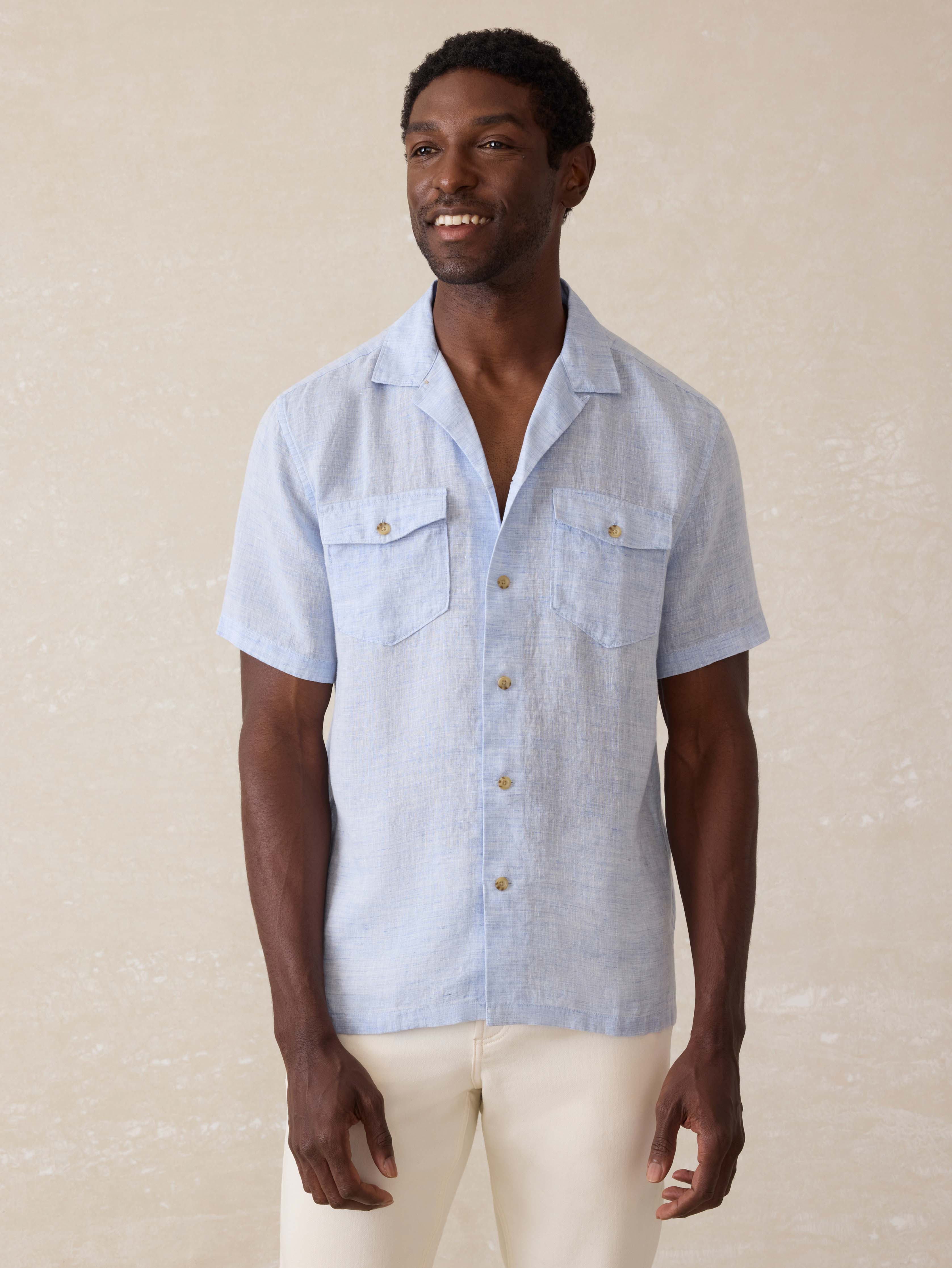 Short-Sleeve Reserve Basque Camp Shirt - Light Blue Melange