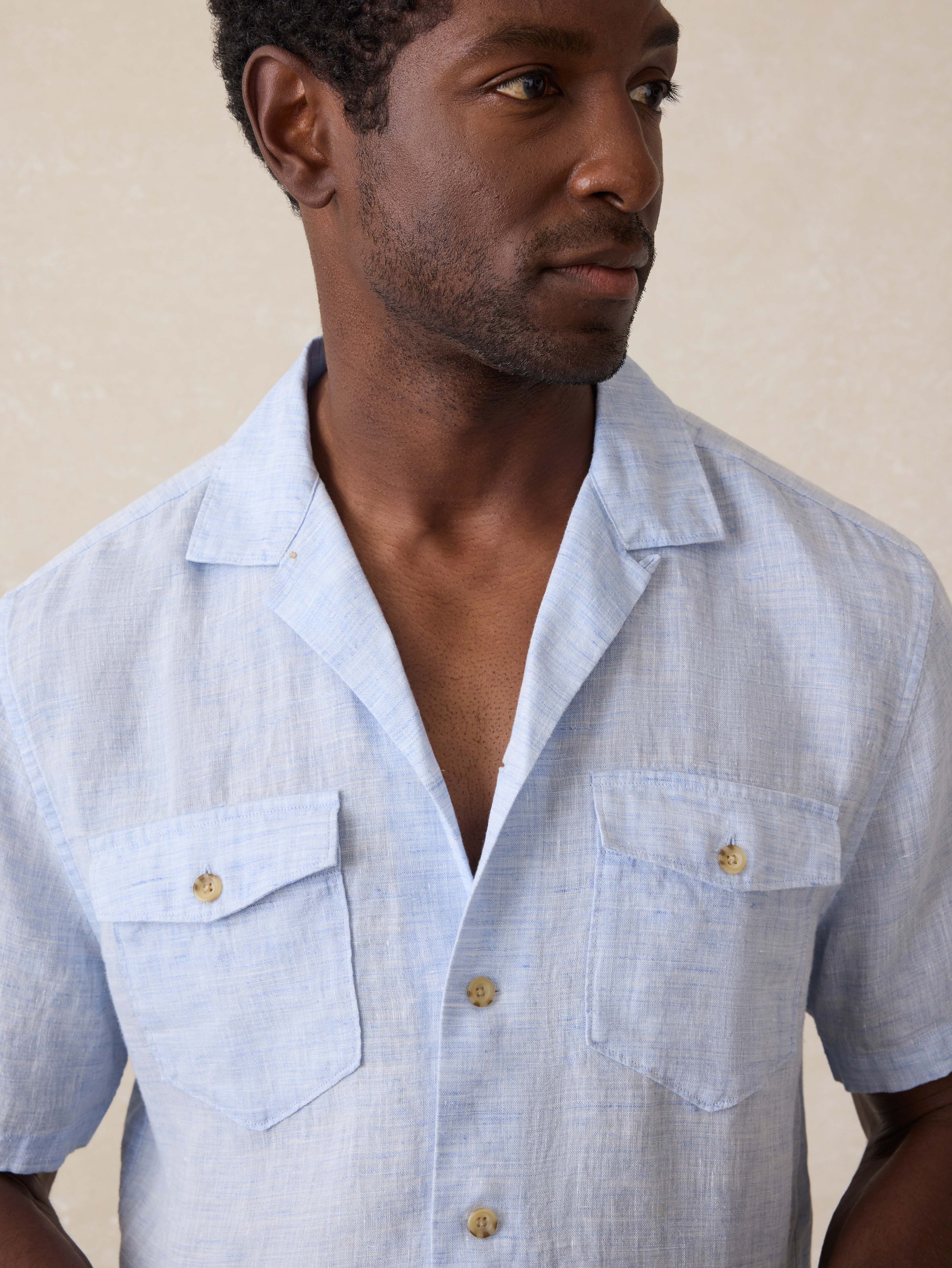 Short-Sleeve Reserve Basque Camp Shirt - Light Blue Melange