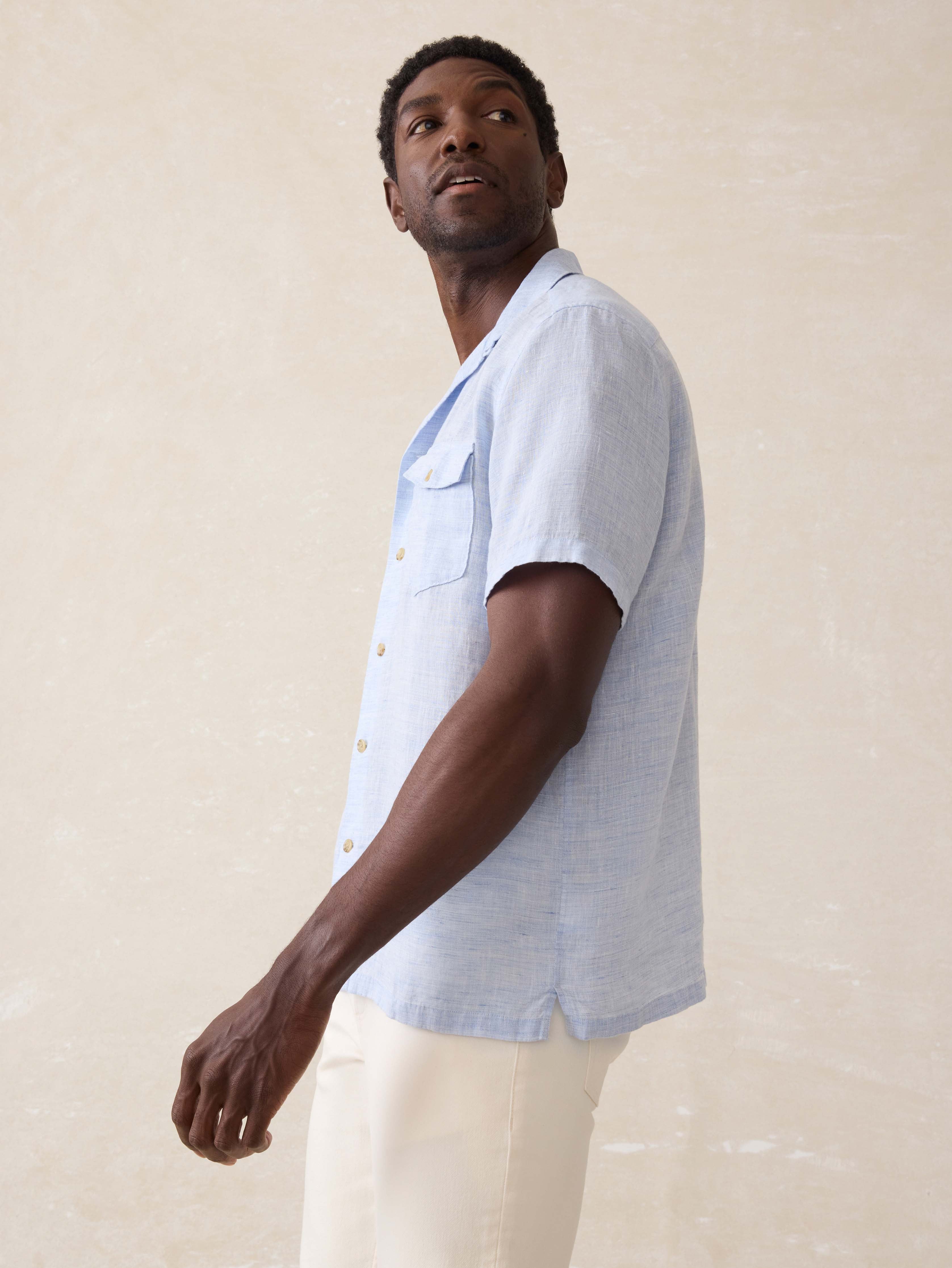 Short-Sleeve Reserve Basque Camp Shirt - Light Blue Melange