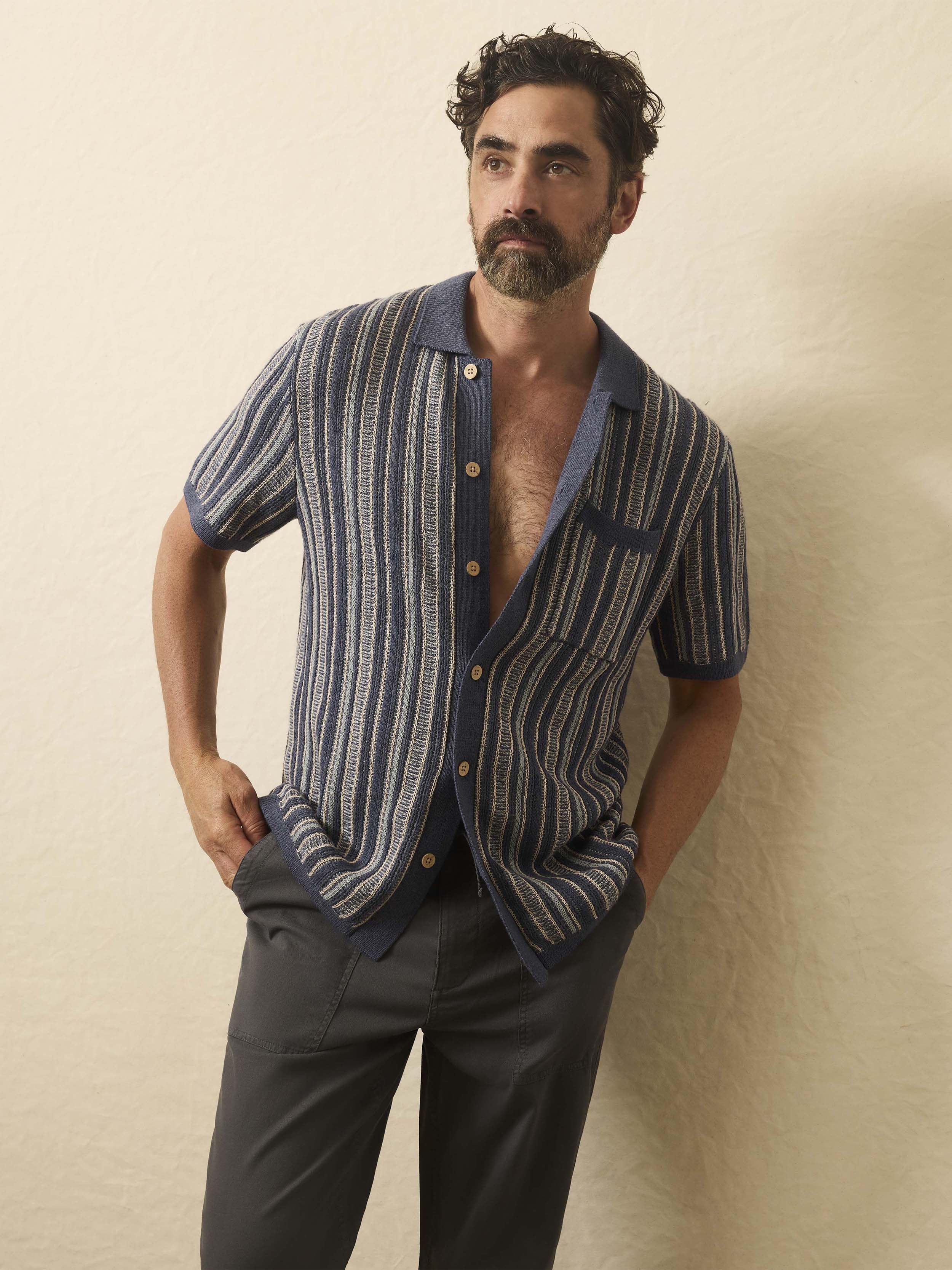 Short-Sleeve Sweater Shirt - River Cliffs Stripe | Faherty Brand