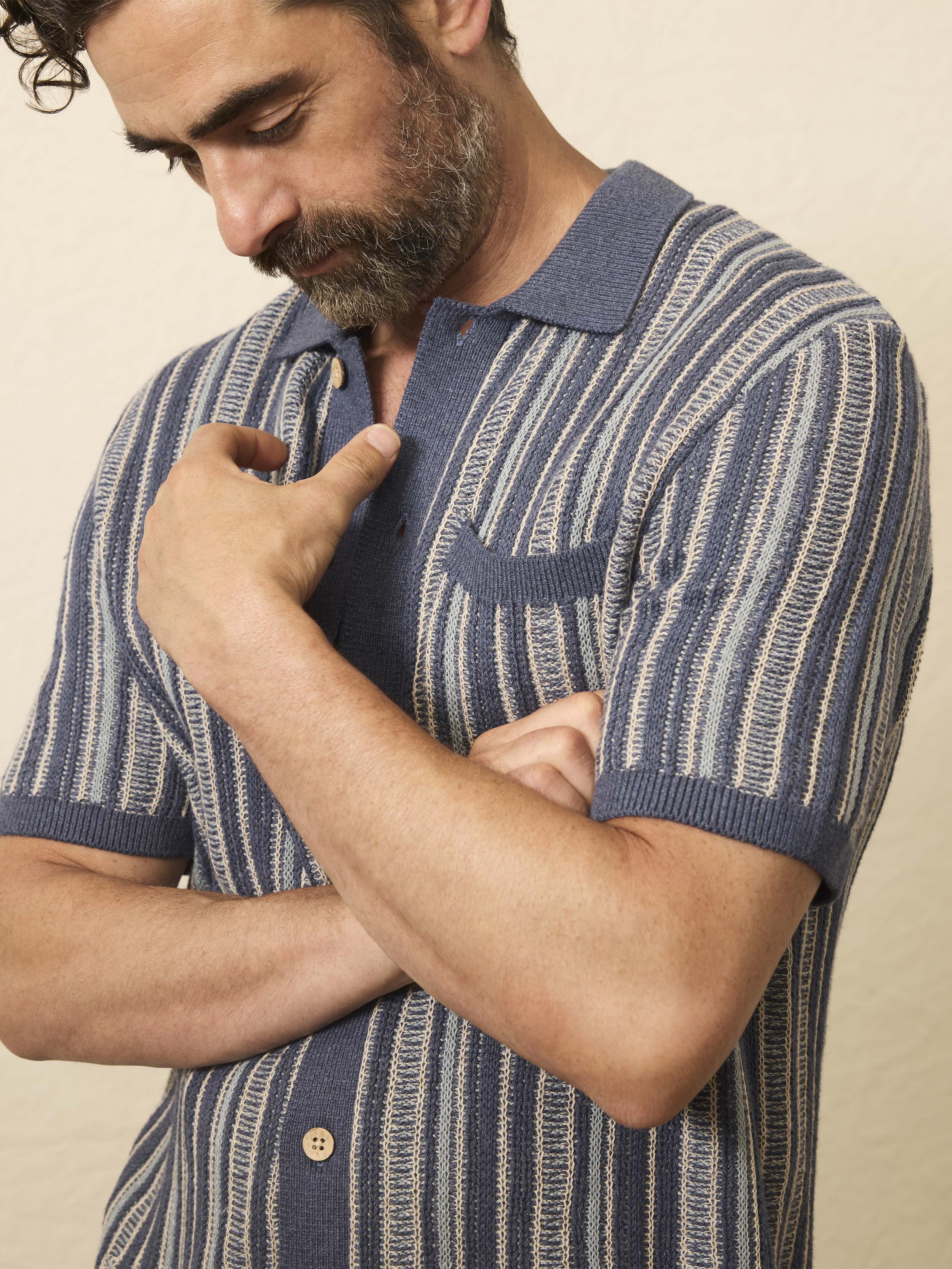 Short-Sleeve Sweater Shirt - River Cliffs Stripe | Faherty Brand