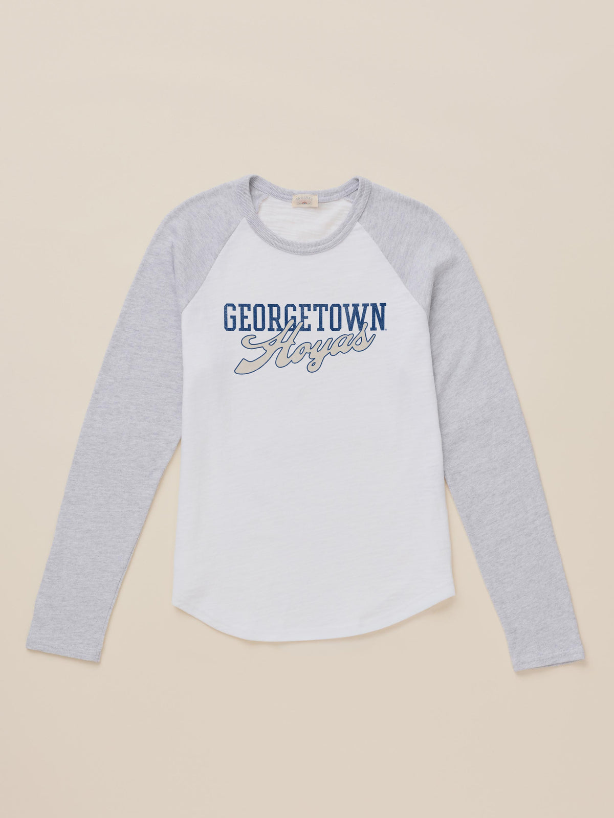 A white and grey baseball tee with a Georgetown graphic on the center front, image 2 of 2