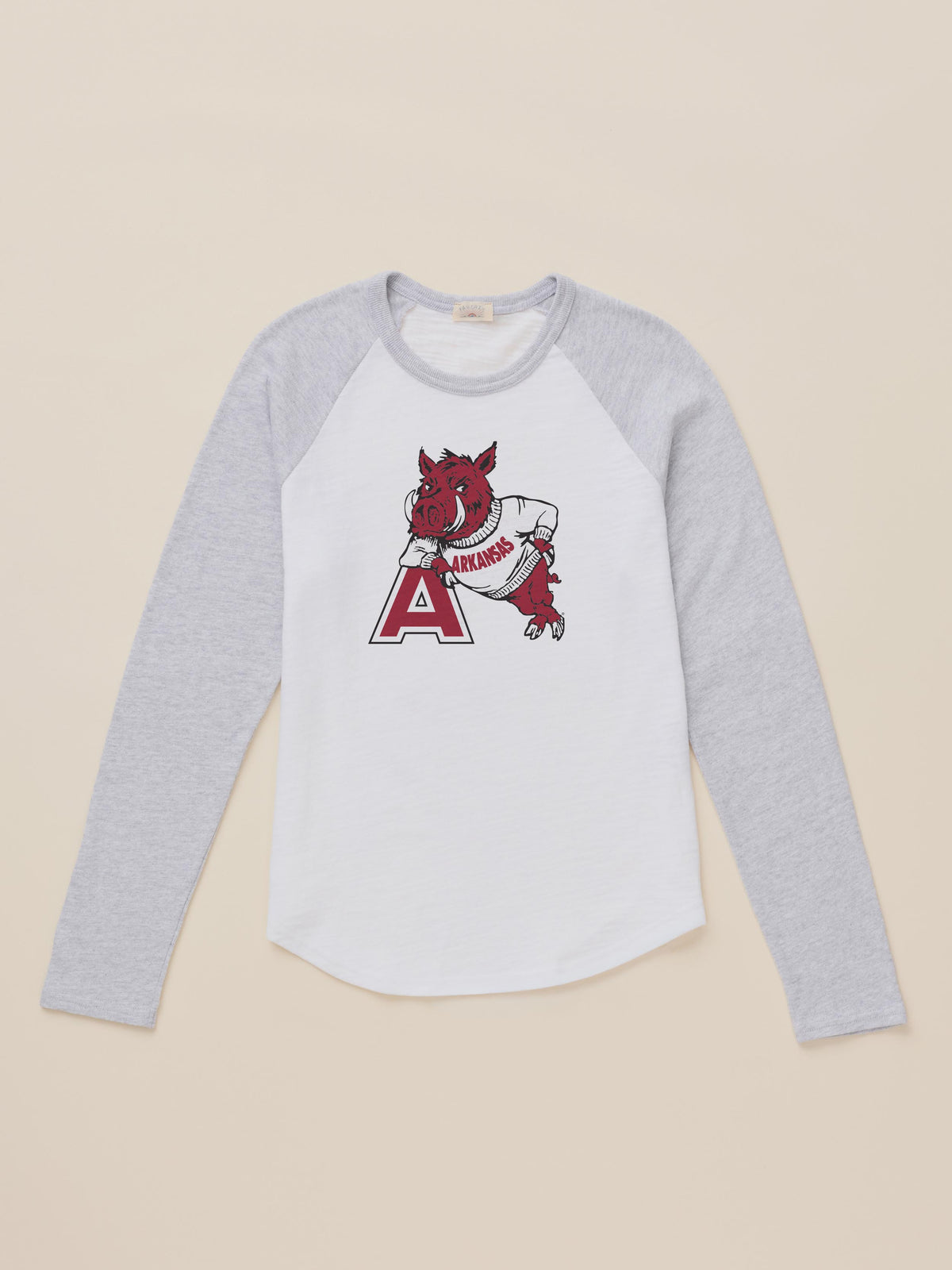 A grey and white University of Arkansas baseball tee, image 2 of 2