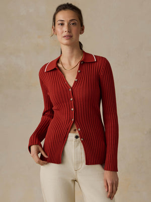 Sunwashed Cotton Ribbed Cardigan - Red Ochre