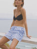 Video of a woman wearing a black swim suit top with blue and white striped linen shorts sitting on a fence overlooking the ocean