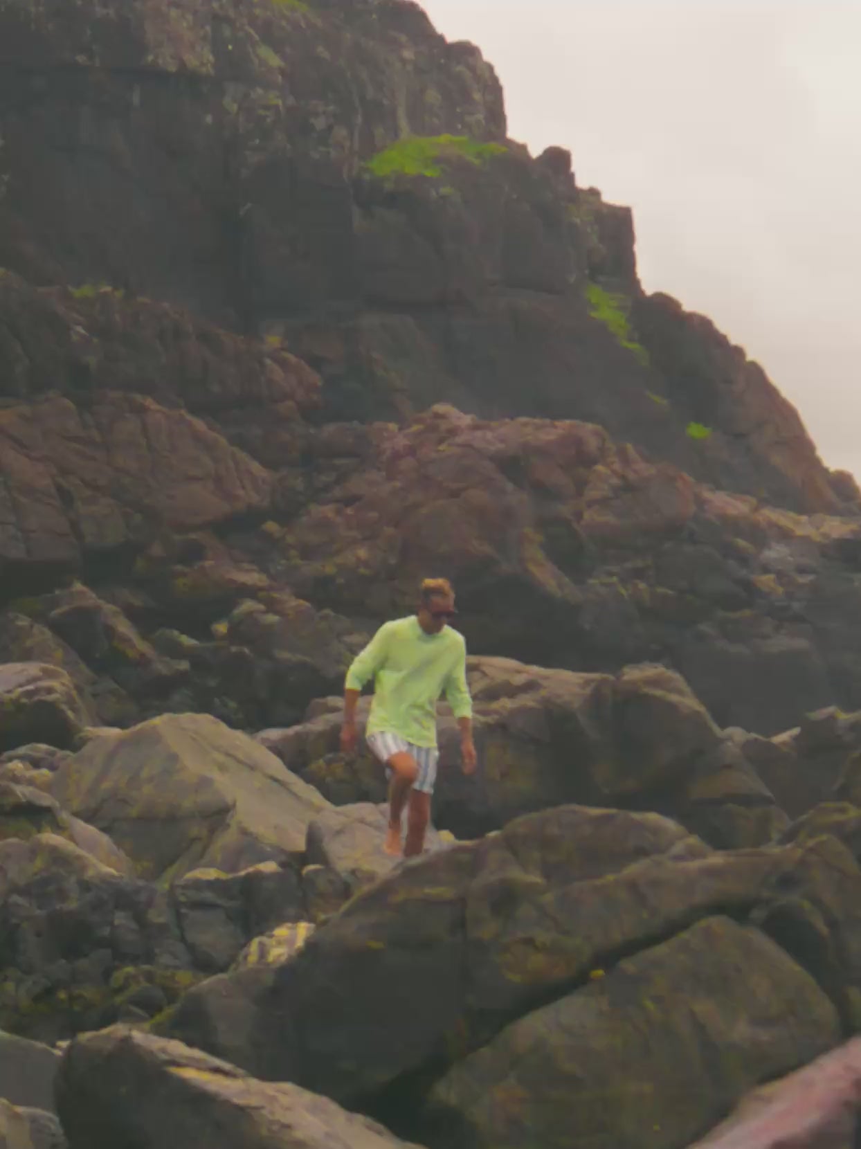 Man wearing a green hoodie with blue and white striped swim trunks at the beach